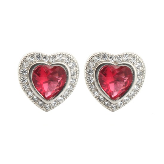 AES222R | 925 Silver Rhodium Heart Shape Studs Ruby Centre CZ