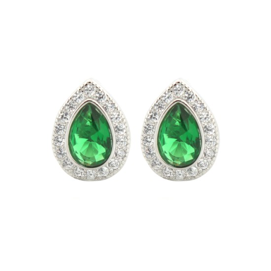 AES223G | 925 Silver Rhodium Pear Shape Studs Emerald Centre CZ