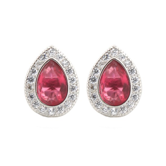 AES223R | 925 Silver Rhodium Pear Shape Studs Ruby Centre CZ