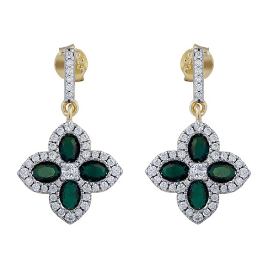 AES226G | 925 Silver 14ct Gold Plate CZ Set Clover Drops Green