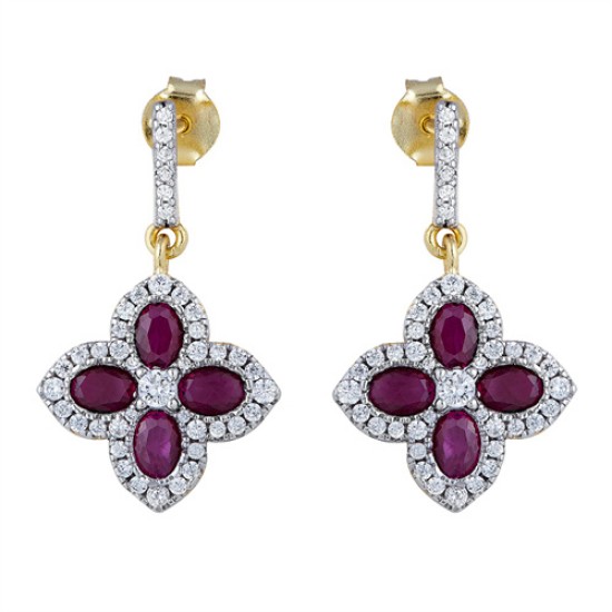 AES226R | 925 Silver 14ct Gold Plate CZ Set Clover Drops Red