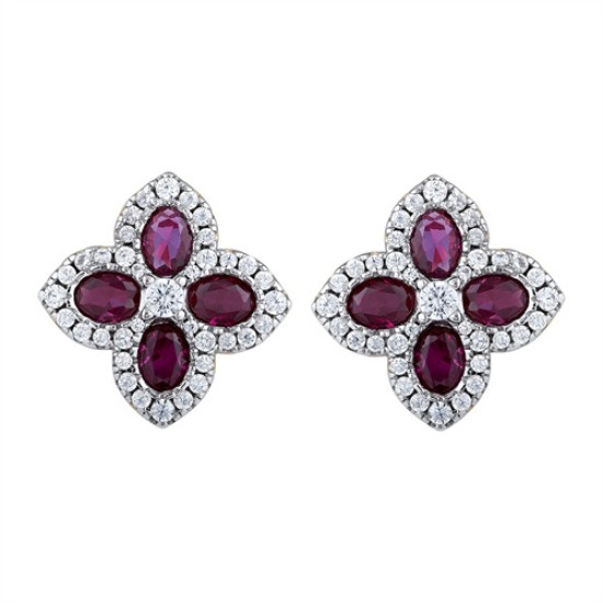 AES227R | 925 Silver 14ct Gold Plate CZ Set Clover Studs Red