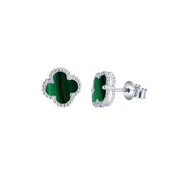 AES251 | 925 Silver Rhodium Plated Green Malachite Clover Studs