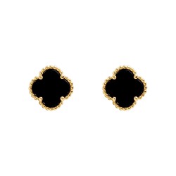 AES254-GP | 925 Silver 14ct gold Plated 5 Clover Stud Earrings Black Onyx Colour