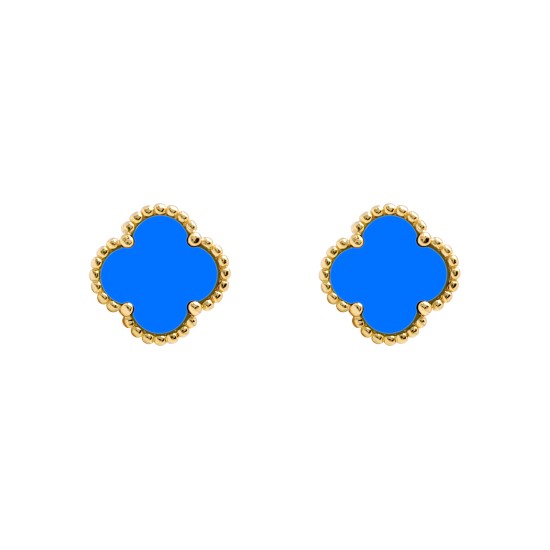 AES256-GP | 925 Silver 14ct gold Plated 5 Clover Stud Earrings  Blue Agate Colour