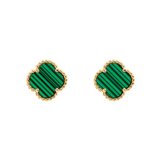 AES257-GP | 925 Silver 14ct gold Plated 5 Clover  Stud Earrings  Malachite Green