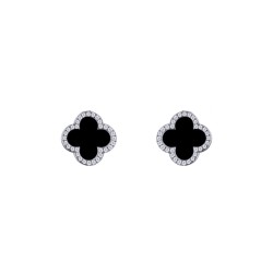 AES258 | 925 Silver Rhodium Plated 8mm  CZ Set 5 Clover Stud Earrings Black Onyx Colour