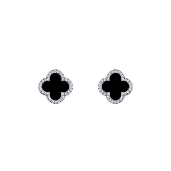 AES258 | 925 Silver Rhodium Plated 8mm  CZ Set 5 Clover Stud Earrings Black Onyx Colour