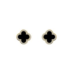 AES258-GP | 925 Silver 14ct gold Plated 8mm  CZ Set 5 Clover Stud Earrings Black Onyx Colour