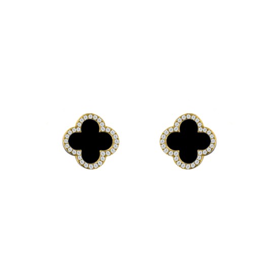 AES258-GP | 925 Silver 14ct gold Plated 8mm  CZ Set 5 Clover Stud Earrings Black Onyx Colour