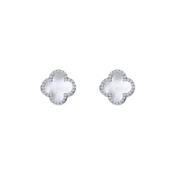 AES259 | 925 Silver Rhodium 8mm CZ Set  5 Clover Stud Earrings  MOP White Colour