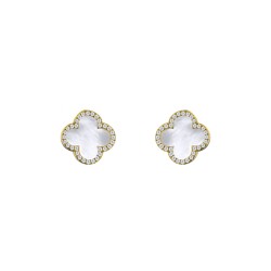 AES259-GP | 925 Silver 14ct gold Plated 8mm  CZ Set 5 Clover Stud Earrings  MOP  White Colour