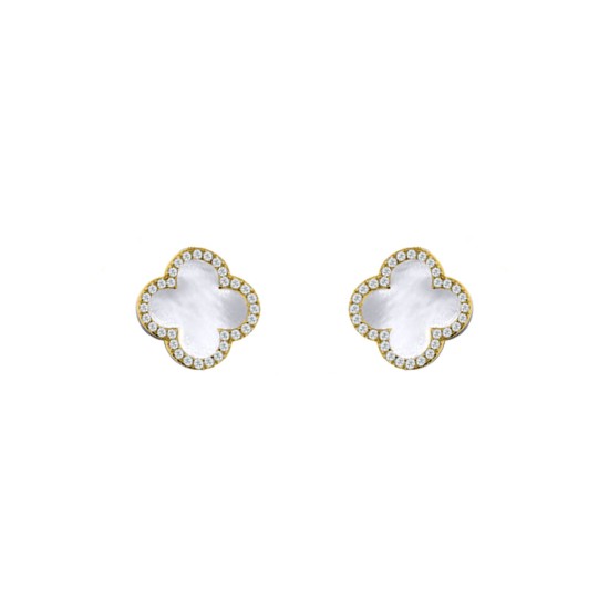 AES259-GP | 925 Silver 14ct gold Plated 8mm  CZ Set 5 Clover Stud Earrings  MOP  White Colour