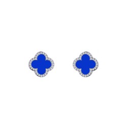 AES260 | 925 Silver Rhodium 8mm  CZ Set 5 Clover  Stud Earrings Blue Agate Colour