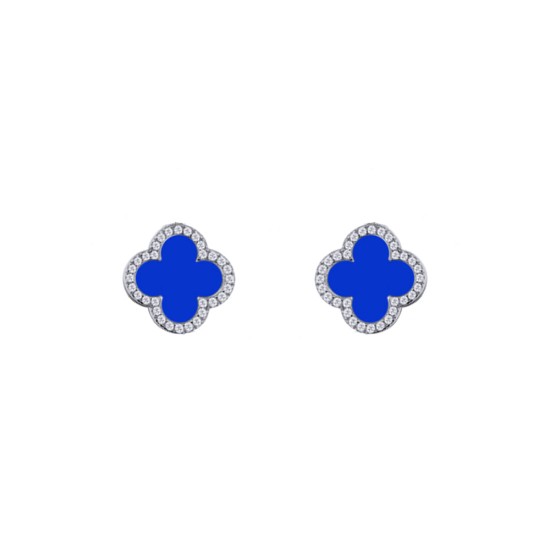 AES260 | 925 Silver Rhodium 8mm  CZ Set 5 Clover  Stud Earrings Blue Agate Colour