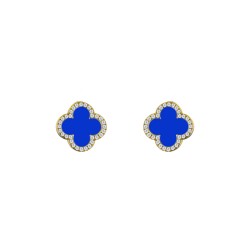 AES260-GP | 925 Silver 14ct gold Plated  CZ Set 5 Clover Stud Earrings  Blue Agate Colour