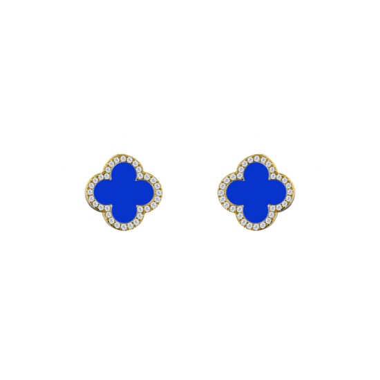 AES260-GP | 925 Silver 14ct gold Plated 8mm  CZ Set 5 Clover Stud Earrings  Blue Agate Colour