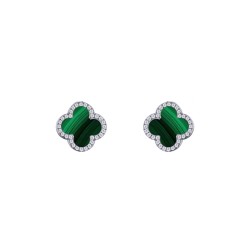 AES261 | 925 Silver Rhodium 8mm  CZ Set 5 Clover  Stud Earrings Malachite Green Colour