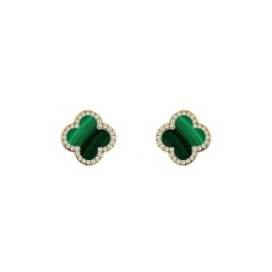 AES261-GP | 925 Silver 14ct gold Plated 8mm  CZ Set 5 Clover  Stud Earrings  Malachite Green