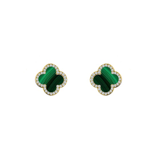 AES261-GP | 925 Silver 14ct gold Plated 8mm  CZ Set 5 Clover  Stud Earrings  Malachite Green