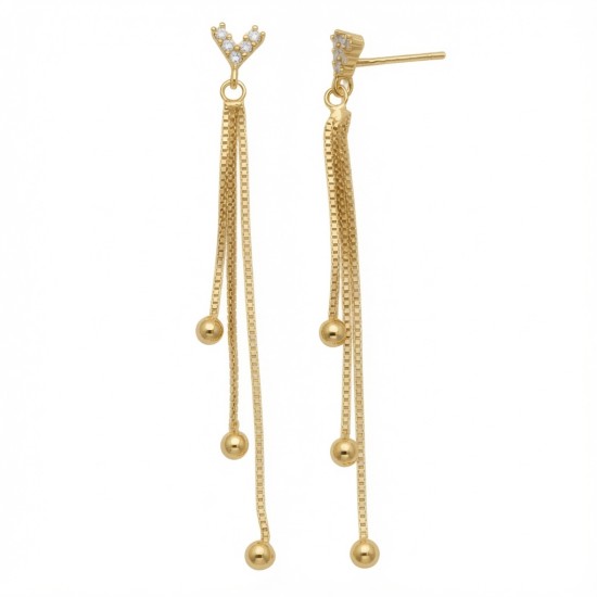 925 Sterling Silver 14K Gold Plated CZ Chain Tassel Earrings