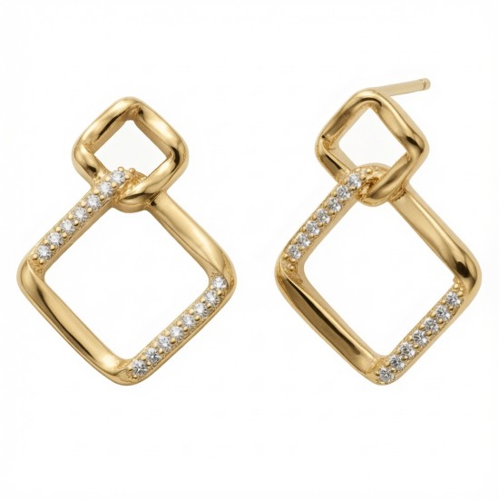 925 Sterling Silver 14K Gold Plated CZ Square Knot Earrings