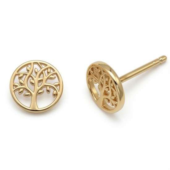 925 Sterling Silver 14K Gold Plated Tree of Life Stud Earrings