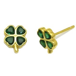 925 Sterling Silver 14K Gold Plated Green CZ Clover Stud Earrings