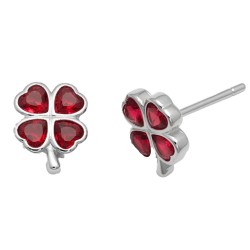 925 Sterling Silver Red CZ Clover Stud Earrings