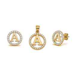 925 Sterling Silver 14k Gold Plated CZ Letter A Pendant Set