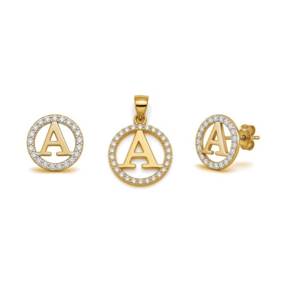 925 Sterling Silver 14k Gold Plated CZ Letter A Pendant Set