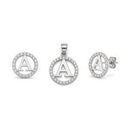 925 Sterling Silver CZ Letter A Pendant Set