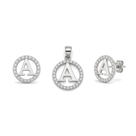 925 Sterling Silver CZ Letter A Pendant Set