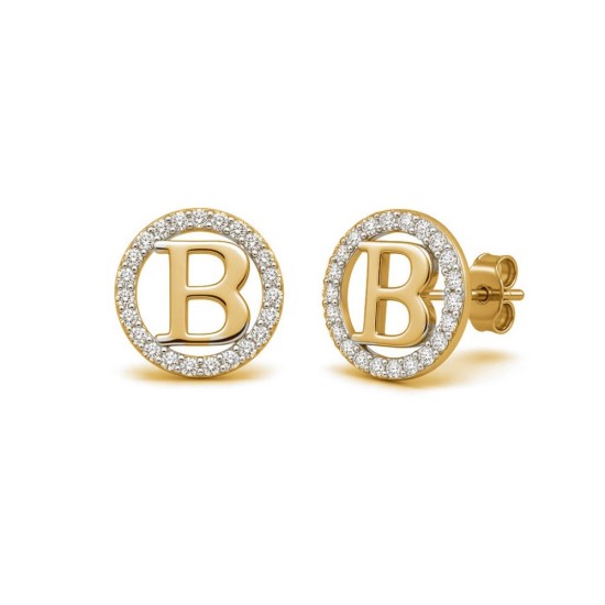 925 Sterling Silver 14k Gold Plated CZ Letter B Pendant Set