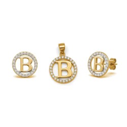925 Sterling Silver 14k Gold Plated CZ Letter B Pendant Set