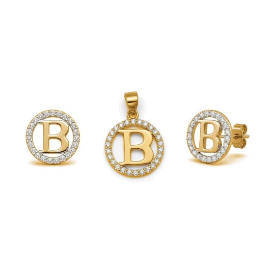 925 Sterling Silver 14k Gold Plated CZ Letter B Pendant Set