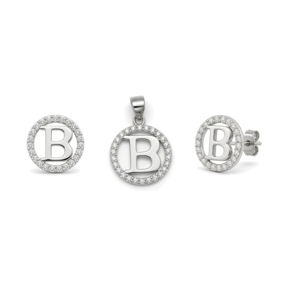 925 Sterling Silver CZ Letter B Pendant Set