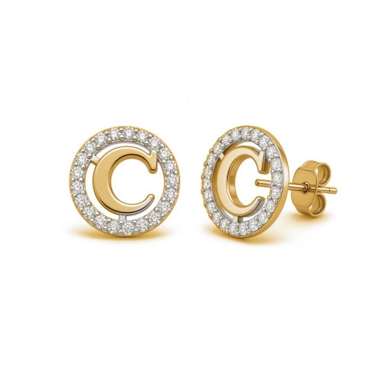 925 Sterling Silver 14k Gold Plated CZ Letter C Pendant Set