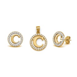 925 Sterling Silver 14k Gold Plated CZ Letter C Pendant Set
