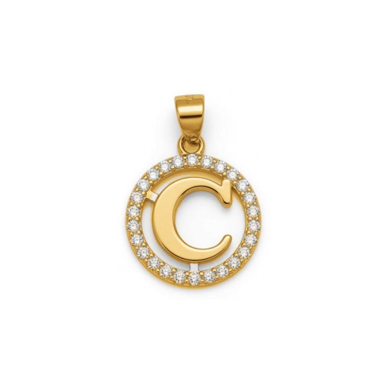 925 Sterling Silver 14k Gold Plated CZ Letter C Pendant Set