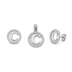 925 Sterling Silver CZ Letter C Pendant Set