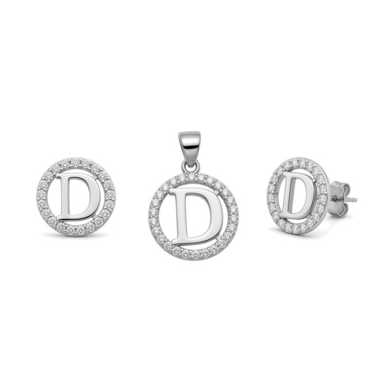 925 Sterling Silver CZ Letter D Pendant Set
