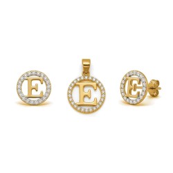 925 Sterling Silver 14k Gold Plated CZ Letter E Pendant Set