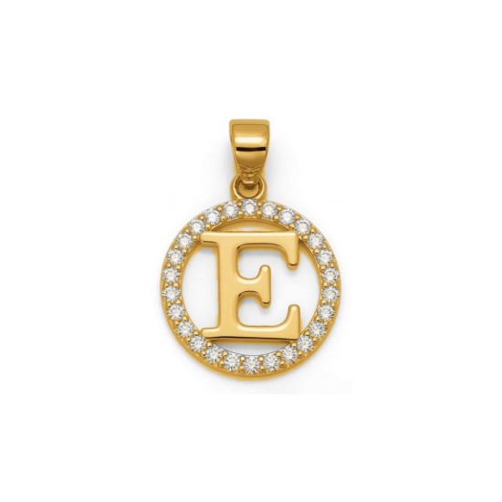 925 Sterling Silver 14k Gold Plated CZ Letter E Pendant Set