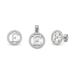 925 Sterling Silver CZ Letter E Pendant Set