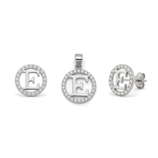 925 Sterling Silver CZ Letter E Pendant Set