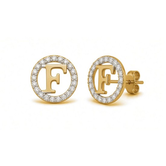 925 Sterling Silver 14k Gold Plated CZ Letter F Pendant Set