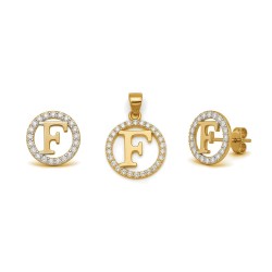 925 Sterling Silver 14k Gold Plated CZ Letter F Pendant Set