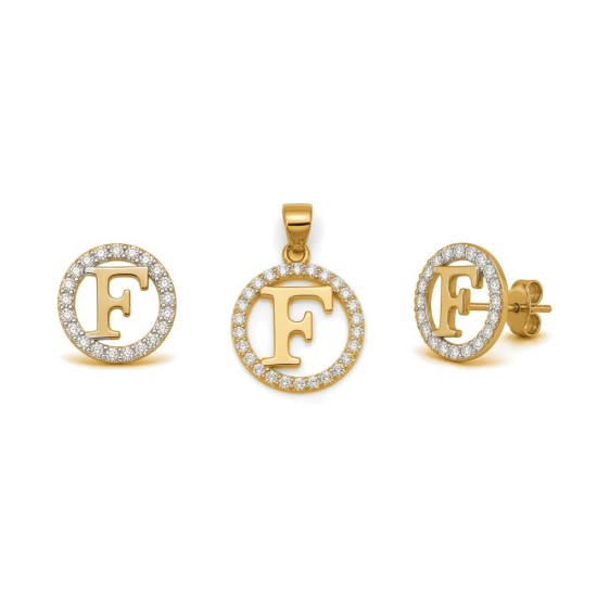 925 Sterling Silver 14k Gold Plated CZ Letter F Pendant Set