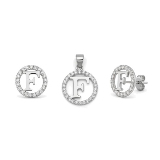 925 Sterling Silver CZ Letter F Pendant Set